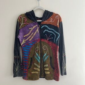 Rising International Tapestry Sweatshirt‎ Jacket Artsy Witchy Boho Hippie Whimsy